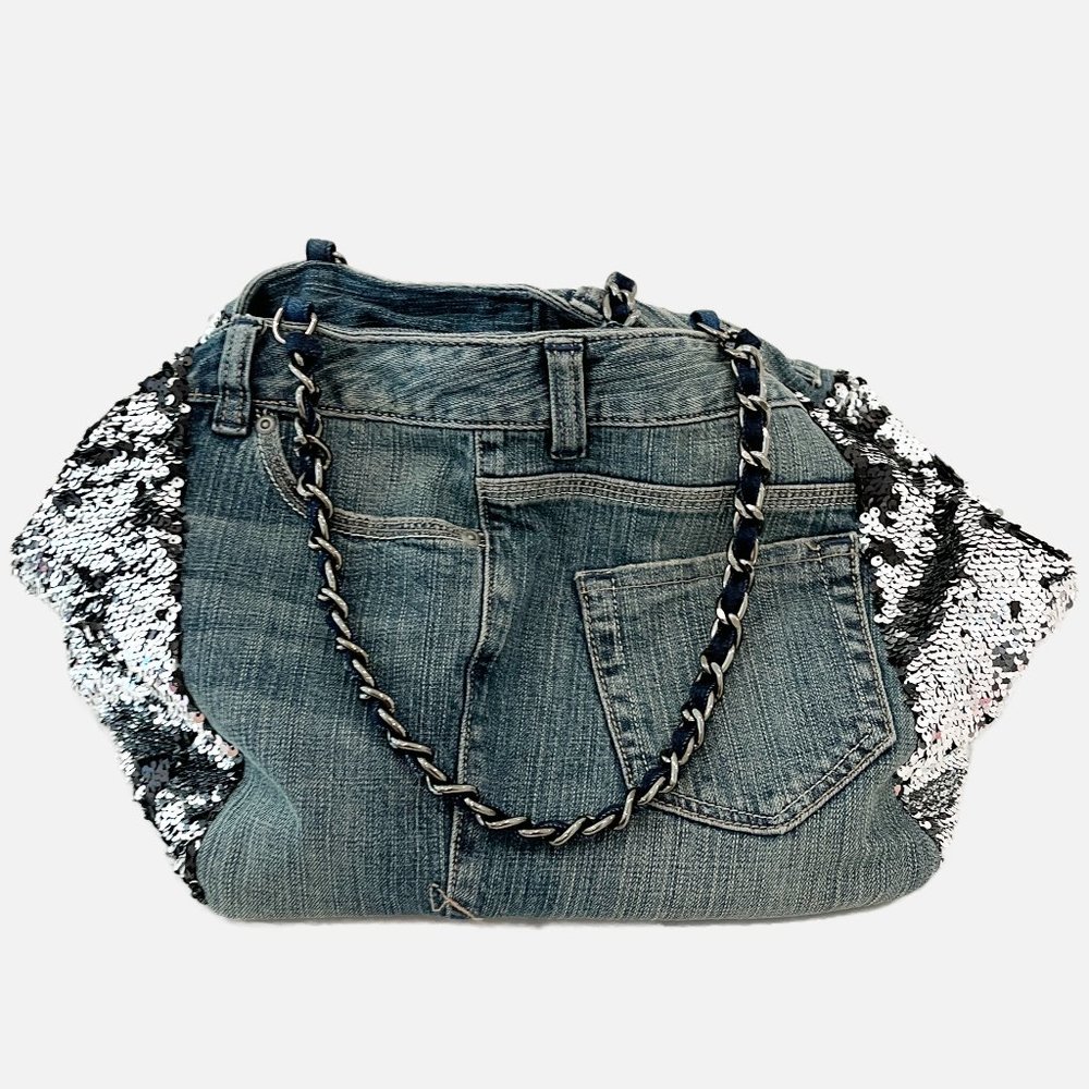 denim jeans & silver sequin bag upcycled shoulder tote shopper bag